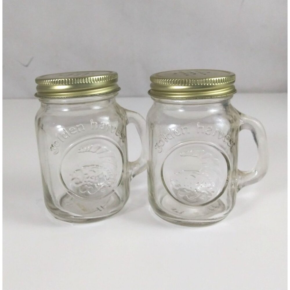 Vintage Golden Harvest Mason Glass Canning Jar With Handles Salt & Pepper Shaker